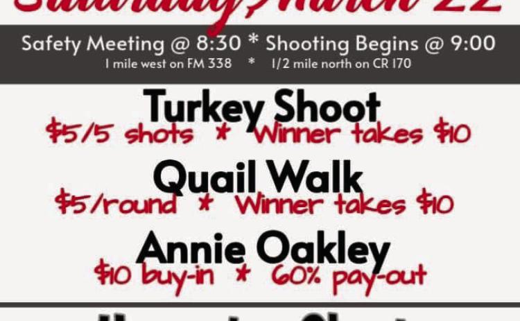 Wellington Gun Club, established in 2023, has plans to open the 2025 shooting season with a variety of shooting competitions at its 40-acre range, one mile west of Wellington on FM 338 and a half mile north on CR170. Spectators are invited to come out and watch the competitors in the Turkey Shoot, Quail Walk and Annie Oakley. Open to all ages and shooting abilities, for more information, call Wellington Gun Club Board Secretary Carrie Skelton, 806-205-1087. Image Courtesy of Wellington Gun Club