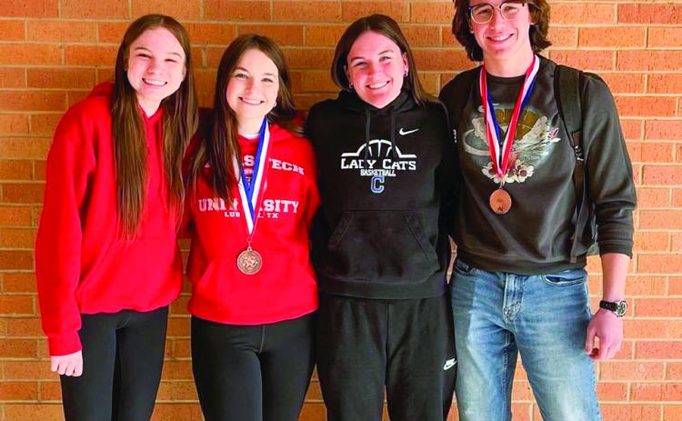 Childress High School CX Debate team members Kara Palomo, left, Meg Ridens, Corbin Daniel and Darren Pratt competed at the district meet Wednesday, Feb. 8, earning places within the top 10. Photo Courtesy of Childress High School